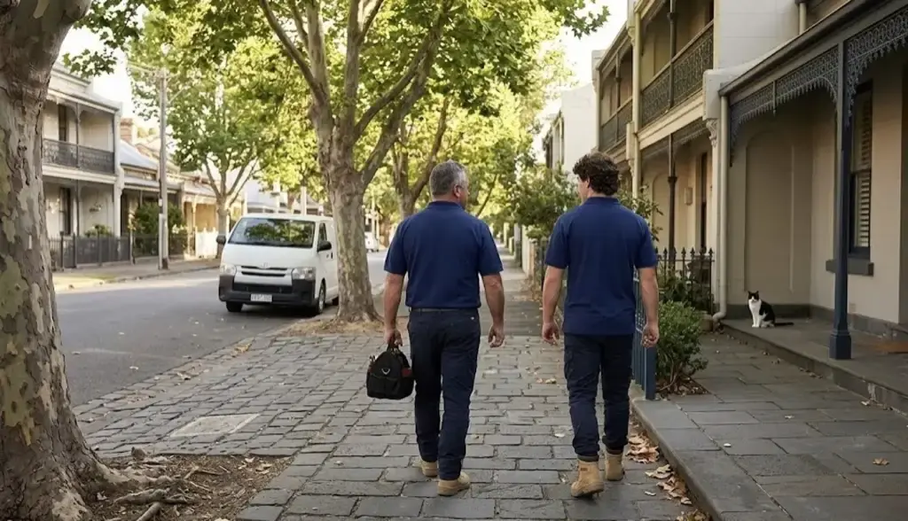 Steve and Nick walking to a Melbourne home