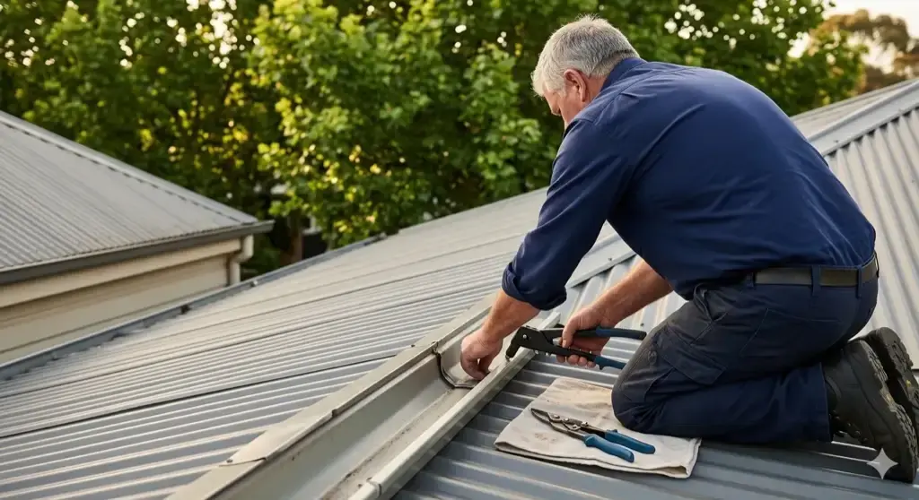 Roof plumber repairing flashing on Melbourne metal roof