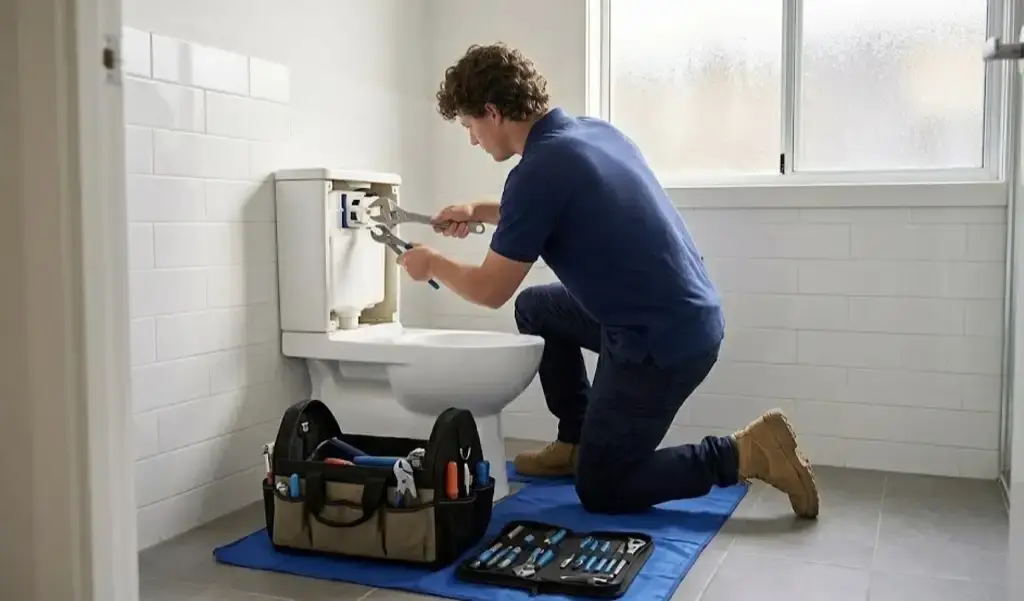 Nick Kovac repairing a toilet in Melbourne